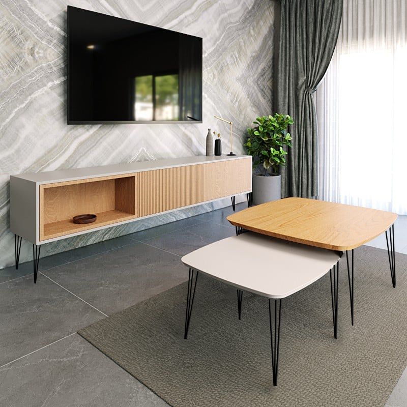 סט מזנון וזוג שולחנות לסלון דגם איסלנד לבן משולב מבית טודו דיזיין סט מזנון וזוג שולחנות לסלון דגם איסלנד לבן משולב מבית טודו דיזיין