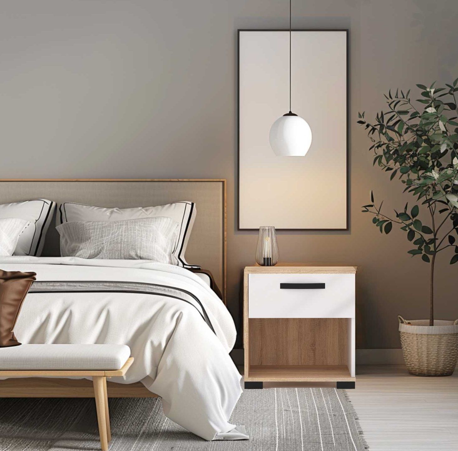 תמונה של חדר שינה מודרני עם קירות בגוון אפור-בז'. במרכז החדר ניצבת מיטה זוגית עם ראש מיטה מרופד. מימין למיטה, שידת לילה עם מגירה אחת אלון בשילוב לבן רוחב 50 ס"מ דגם הרמס מבית Tudo Design . מנורה כדורית לבנה תלויה מעל השידה, כשברקע תלויה תמונה ממוסגרת. עציץ גדול עם עץ ירוק ורענן מוצב בפינת החדר, מוסיף נגיעה טבעית ומרעננת לחלל השינה תמונה של חדר שינה מודרני עם קירות בגוון אפור-בז'. במרכז החדר ניצבת מיטה זוגית עם ראש מיטה מרופד. מימין למיטה, שידת לילה עם מגירה אחת אלון בשילוב לבן רוחב 50 ס"מ דגם הרמס מבית Tudo Design . מנורה כדורית לבנה תלויה מעל השידה, כשברקע תלויה תמונה ממוסגרת. עציץ גדול עם עץ ירוק ורענן מוצב בפינת החדר, מוסיף נגיעה טבעית ומרעננת לחלל השינה