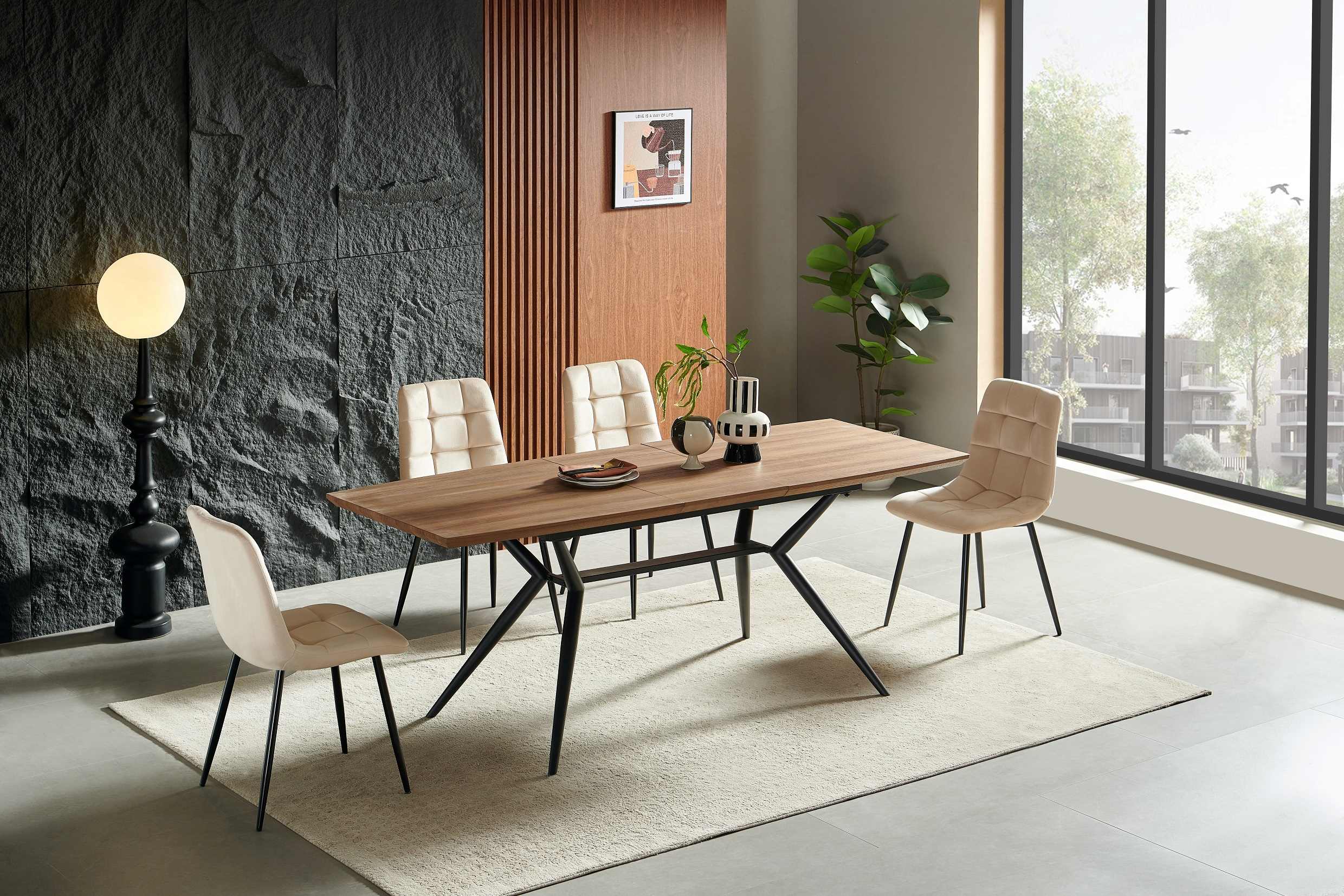 פינת אוכל מלבנית נפתחת 120-160 עם 4 כסאות מבד קטיפה רחיץ דוחה כתמים דגם סולייר פינת אוכל מלבנית נפתחת 120-160 עם 4 כסאות מבד קטיפה רחיץ דוחה כתמים דגם סולייר