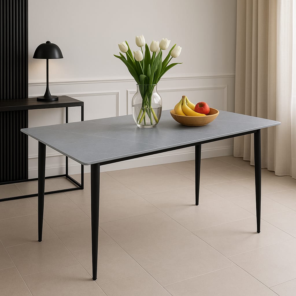 שולחן אוכל פלטת קרמיקה בגוון שיש אפור ורגלי מתכת 120/70 ס"מ דגם אוסלו מבית טודו דיזיין שולחן אוכל פלטת קרמיקה בגוון שיש אפור ורגלי מתכת 120/70 ס"מ דגם אוסלו מבית טודו דיזיין