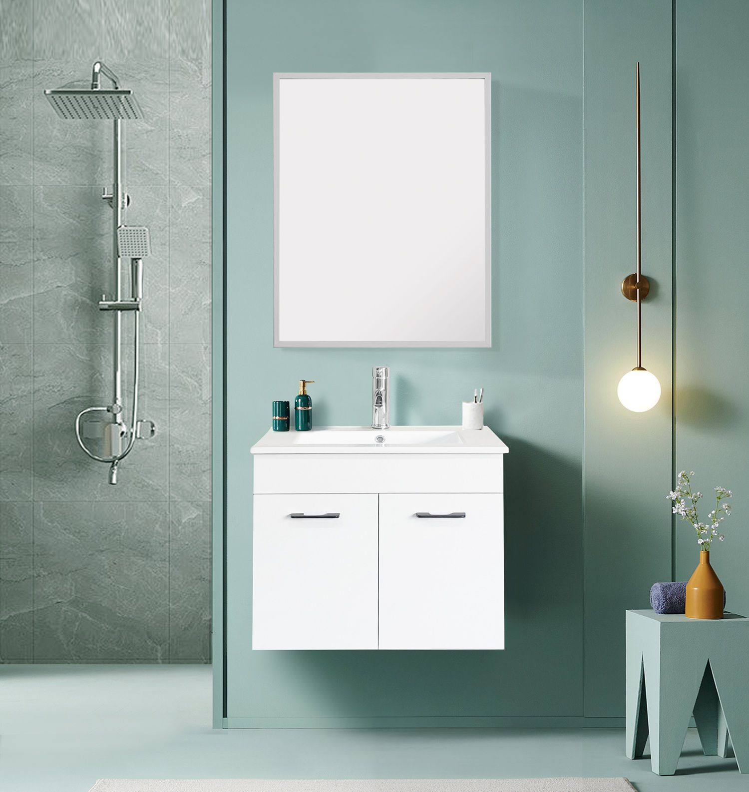 ארון אמבטיה 60 ס"מ צף עם 2 דלתות, טריקה שקטה, כיור חרס ומראה עם מסגרת אלומיניום רוחב ארון אמבטיה 60 ס"מ צף עם 2 דלתות, טריקה שקטה, כיור חרס ומראה עם מסגרת אלומיניום רוחב