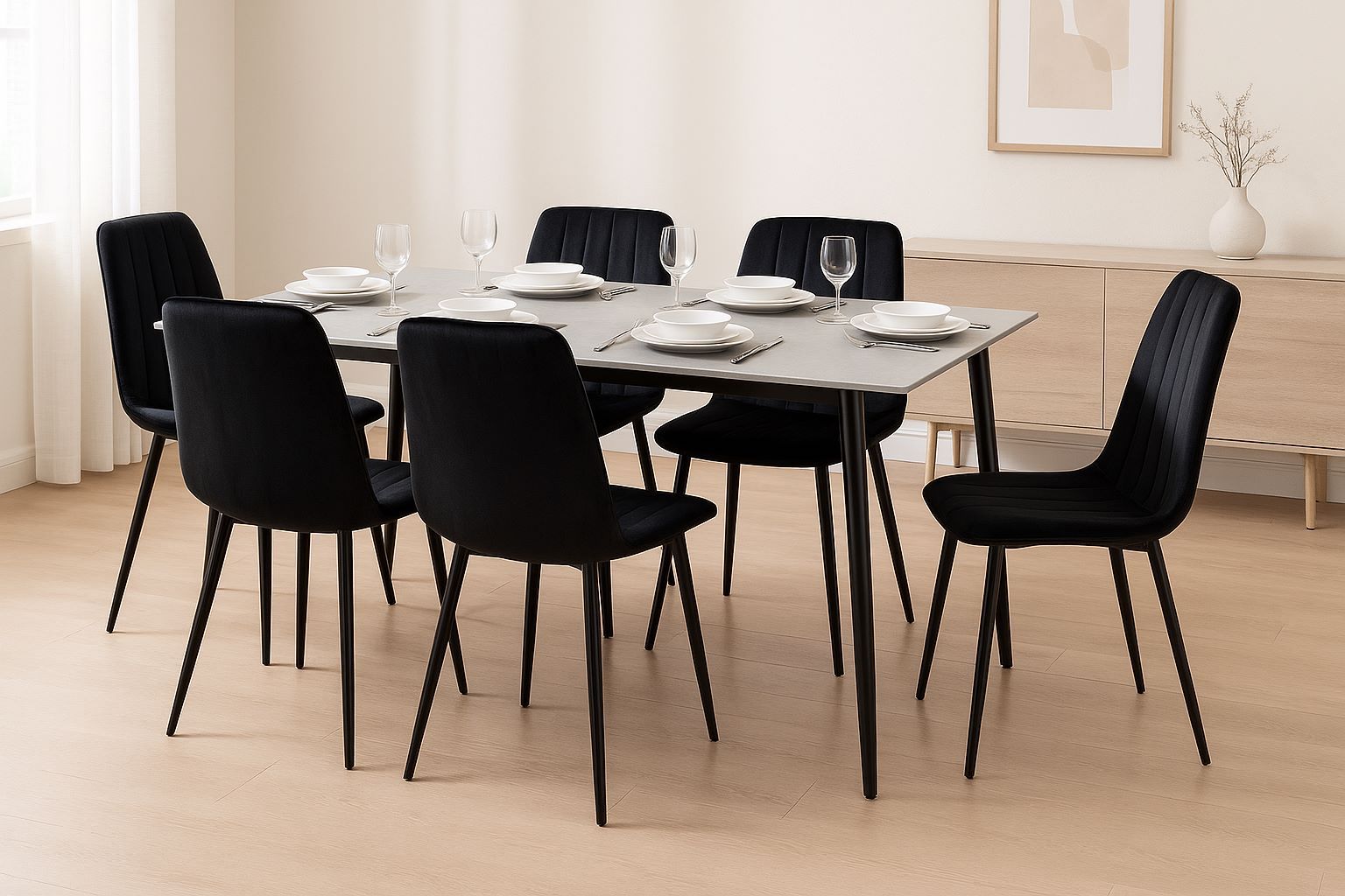 פינת אוכל יוקרתית מקרמיקה אפורה 120/70 ס"מ + 6 כיסאות אוכל מרופדים בגוון שחור דגם אוסלו-ריביירה מבית טודו דיזיין פינת אוכל יוקרתית מקרמיקה אפורה 120/70 ס"מ + 6 כיסאות אוכל מרופדים בגוון שחור דגם אוסלו-ריביירה מבית טודו דיזיין