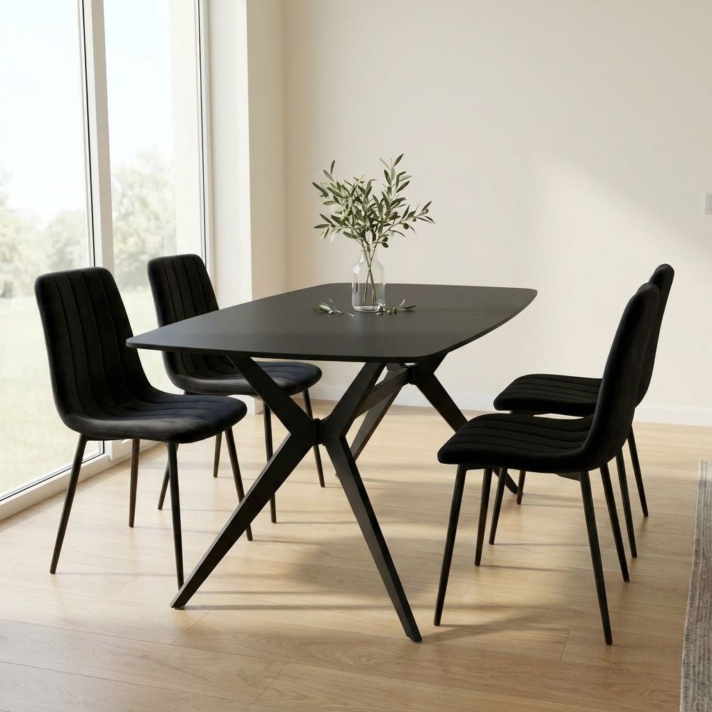 פינת אוכל מקרמיקה 140X80 ס"מ הפלטה בגוון שחור חלק מלא עם כולל 4 כיסאות קטיפה בגוון שחור דגם טוסקנה-ריביירה מבית טודו דיזיין Tudo Design