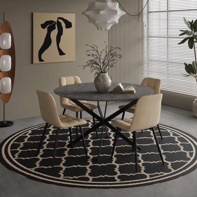 פינת אוכל עגולה נפתחת 120/160 מעץ איכותי כולל 4 כסאות מבד קטיפה רחיץ דוחה כתמים דגם סטון פינת אוכל עגולה נפתחת 120/160 מעץ איכותי כולל 4 כסאות מבד קטיפה רחיץ דוחה כתמים דגם סטון