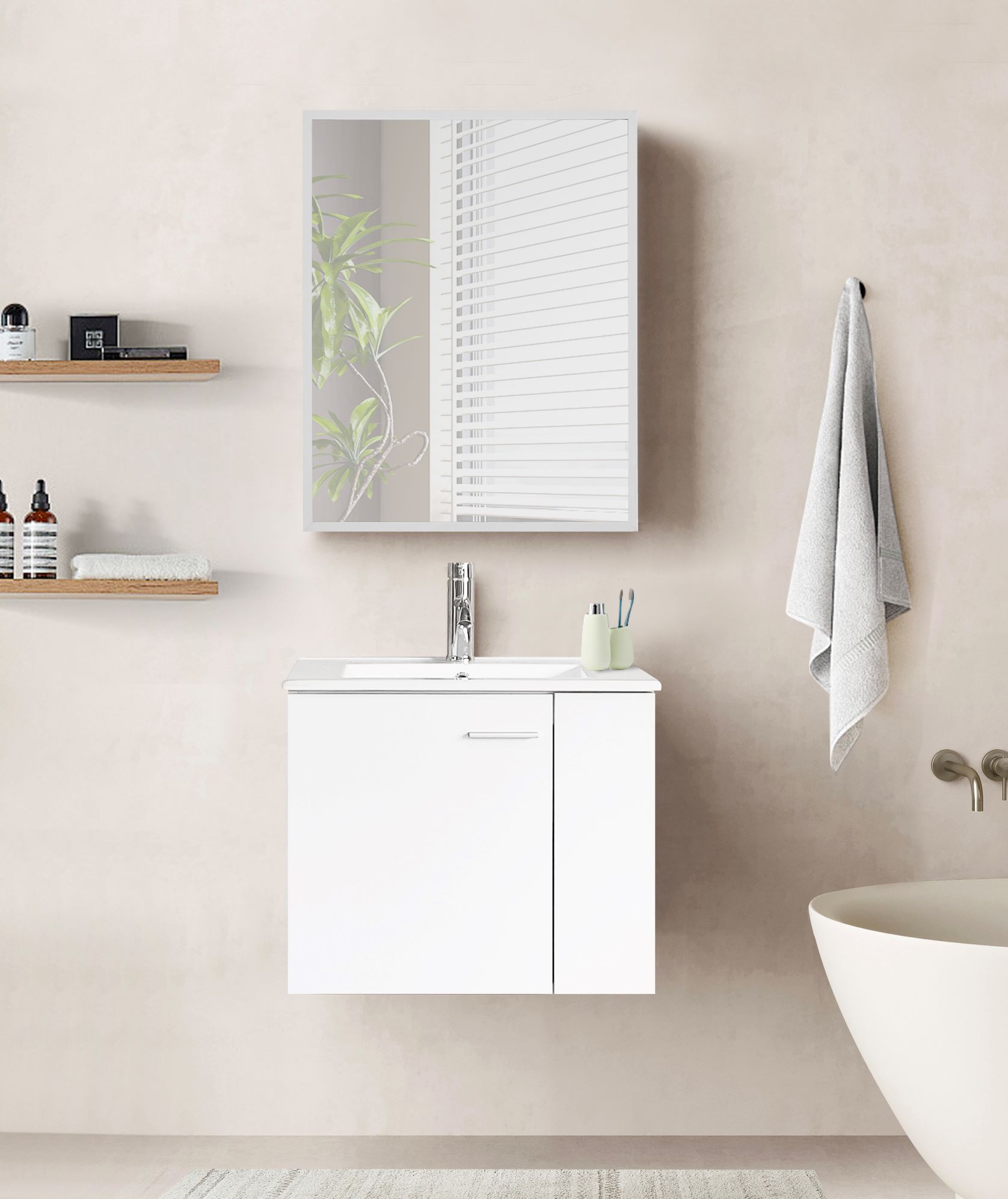 ארון אמבטיה צפה עם דלת אחת, טריקה שקטה, כיור חרס ומראה עם מסגרת אלומיניום רוחב 60 ס"מ