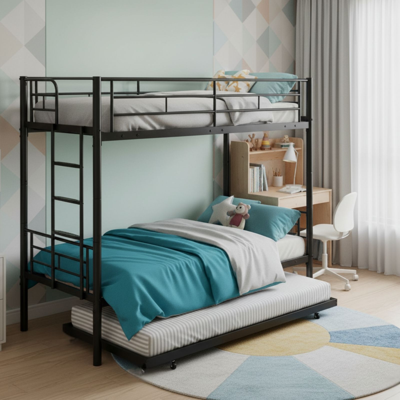 מיטת קומותיים ממתכת עם מיטת חבר שלישית נשלפת בצבע שחור דגם רביד טריפל מבית טודו דיזיין