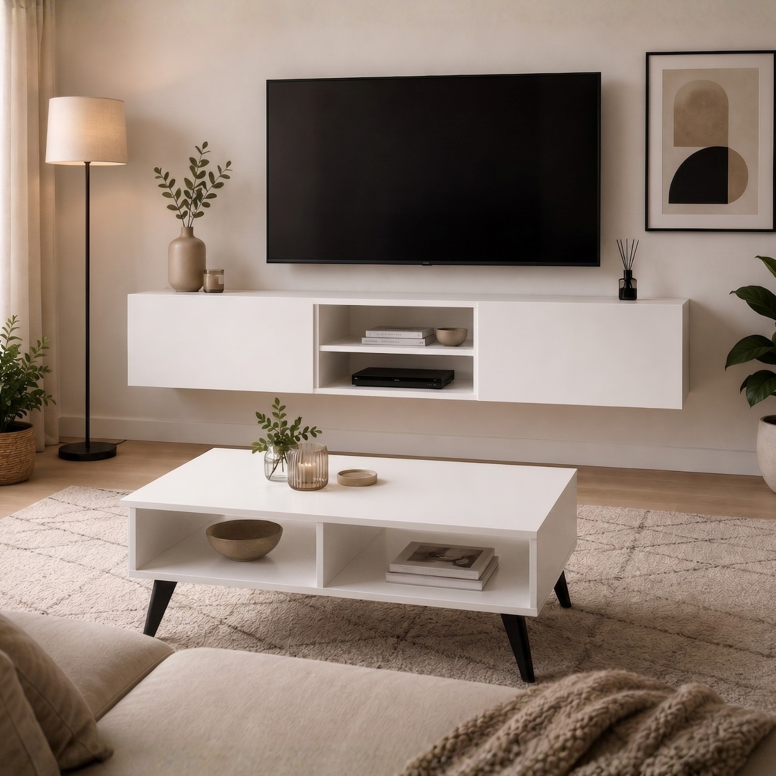 סט סלון מעוצב TAMARA + ITAY מבית TUDO DESIGN – שולחן סלון ומזנון צף תלוי בגוון לבן סט סלון מעוצב TAMARA + ITAY מבית TUDO DESIGN – שולחן סלון ומזנון צף תלוי בגוון לבן